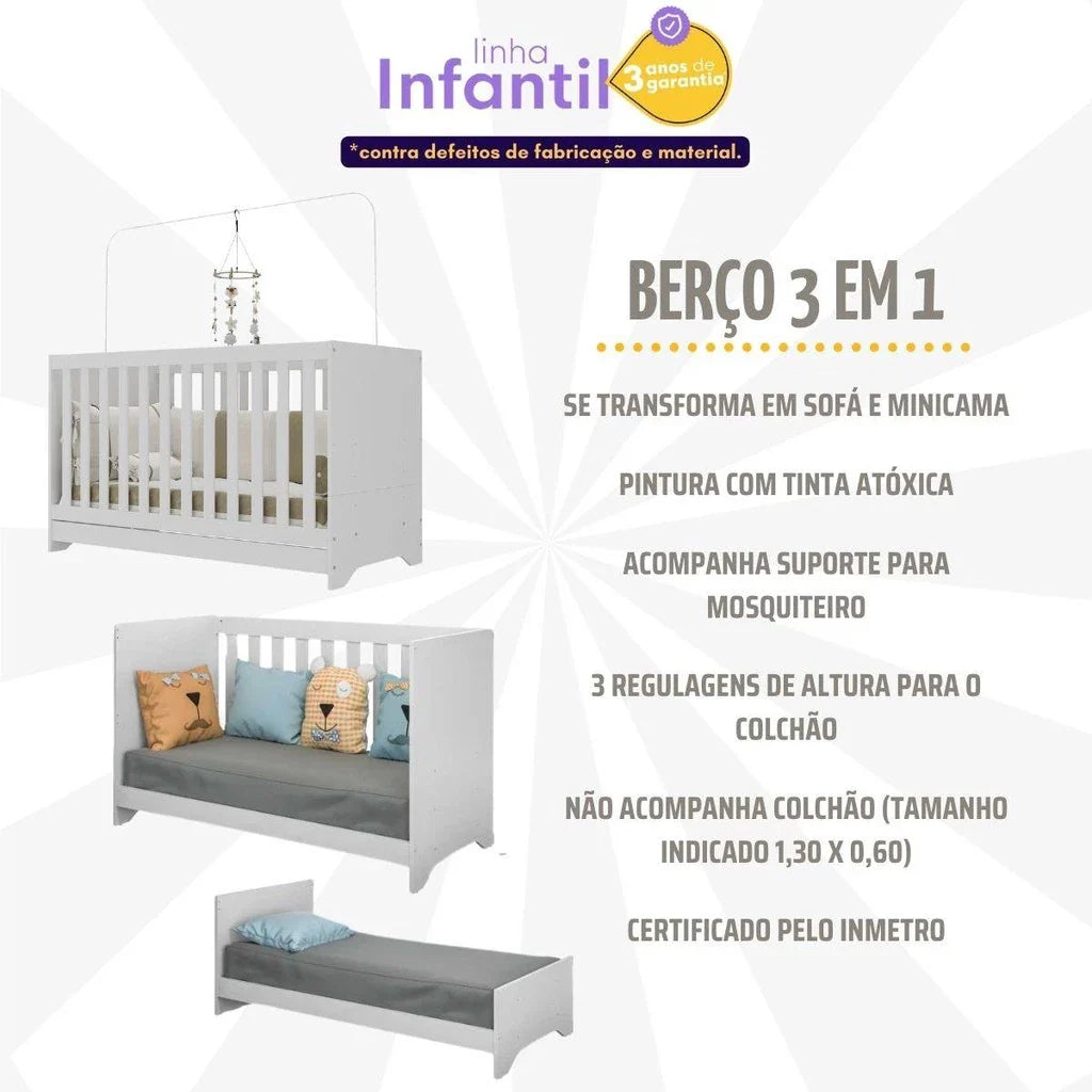 Berço 3 em 1 Evolutivo (Vira Mini Cama) - 100% Madeira Maciça [Garantia de 3 Anos]