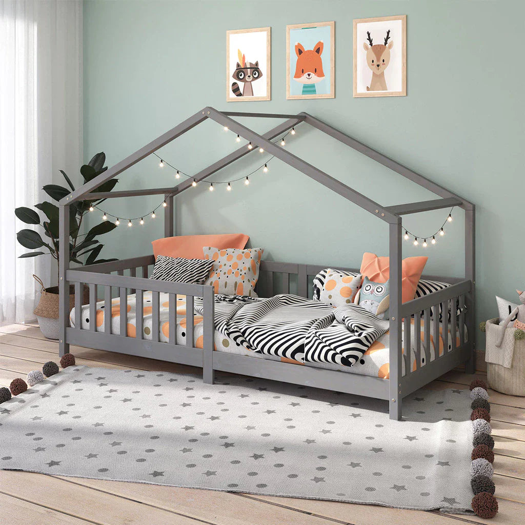 Cama Casinha Montessoriana Solteiro Lisan - 100% Madeira Maciça [Grade de Proteção 32cm]