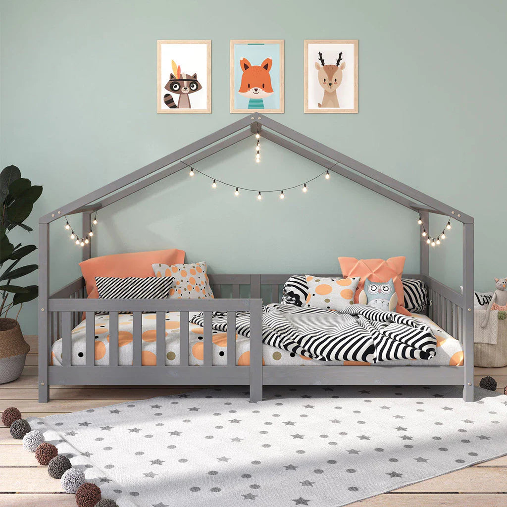 Cama Casinha Montessoriana Solteiro Lisan - 100% Madeira Maciça [Grade de Proteção 32cm]