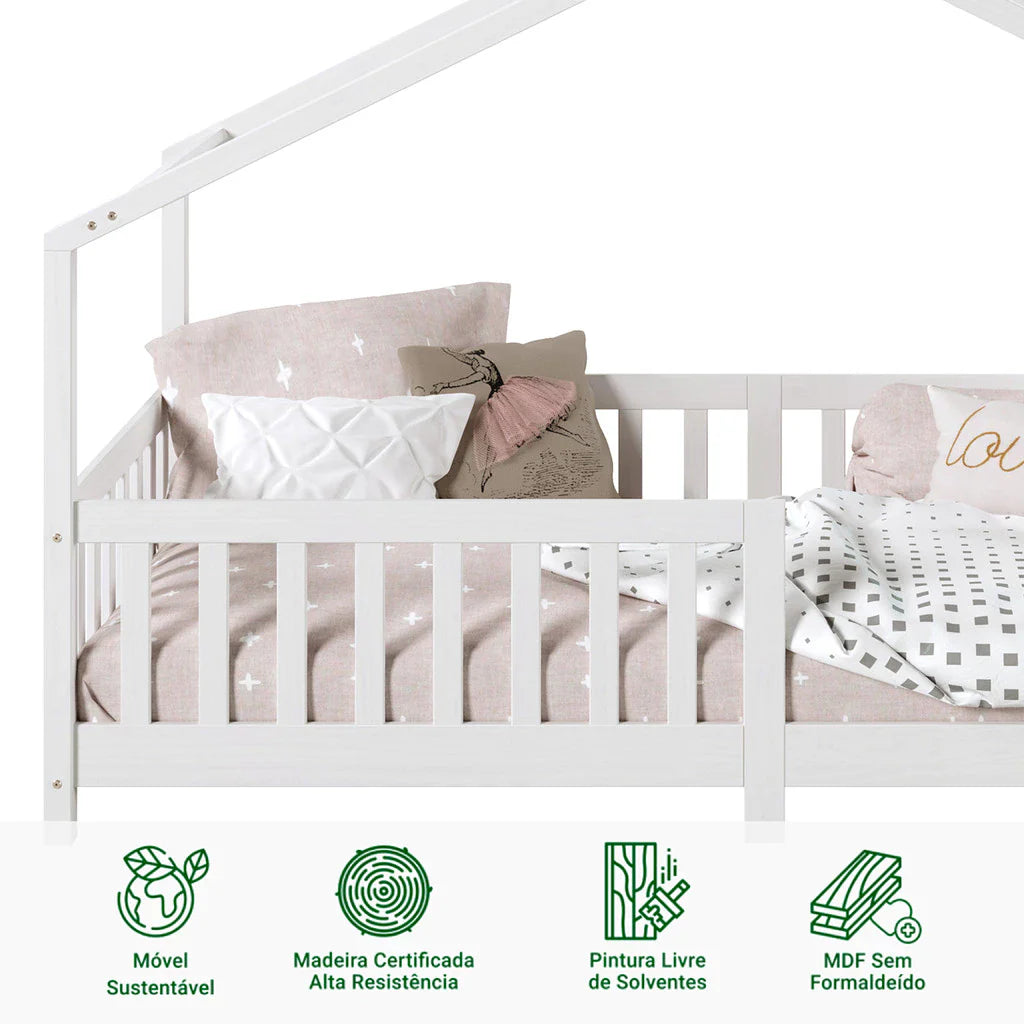Cama Casinha Montessoriana Solteiro Lisan - 100% Madeira Maciça [Grade de Proteção 32cm]
