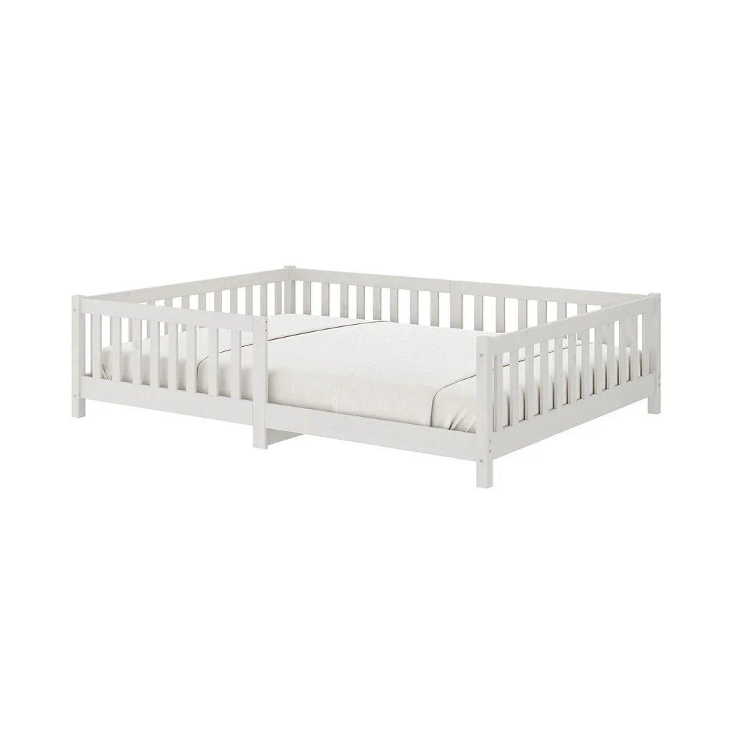 Cama Montessoriana Casal com Grade Eva - 100% Madeira Maciça Branca [Suporta 220kg]