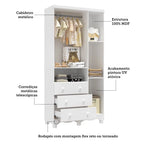 Guarda-Roupa Infantil Mimo 3 Portas e 3 Gavetas - 100% MDF Branco Brilho [Kit Rodapé Duplo]