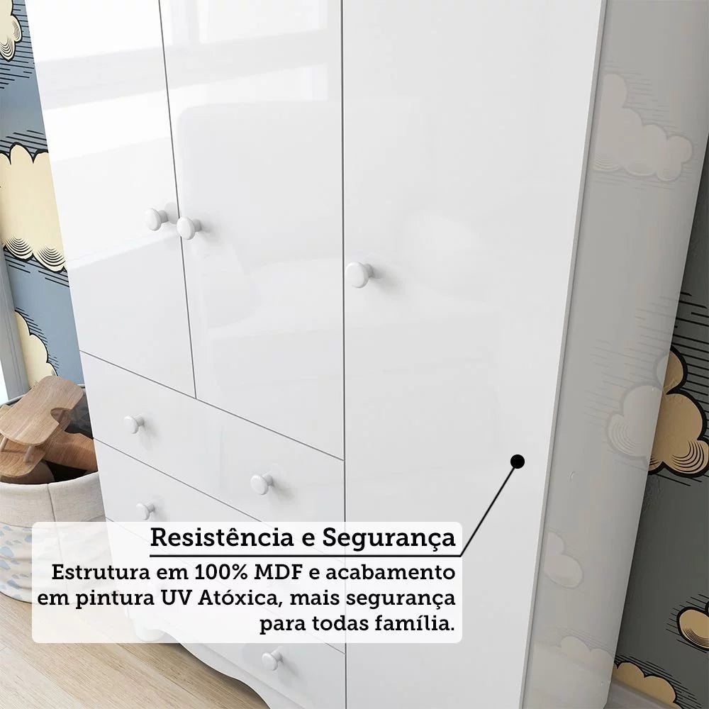 Guarda-Roupa Infantil Mimo 3 Portas e 3 Gavetas - 100% MDF Branco Brilho [Kit Rodapé Duplo]