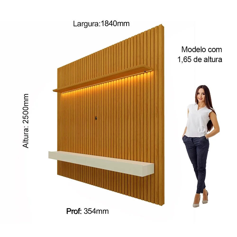 Painel Home Ripado para TV Até 75" com LED e 2 Gavetas - 100% MDF Naturale/Off White [Altura 2.50m]