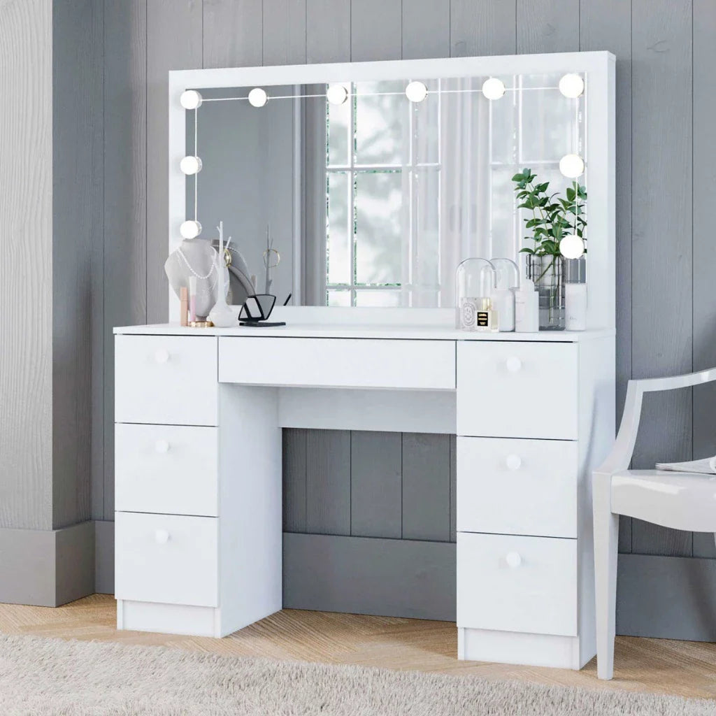 Penteadeira Camarim 7 Gavetas com Espelho e Kit LED Profissional - 100% MDF Branco [Iluminação 3 Tons]