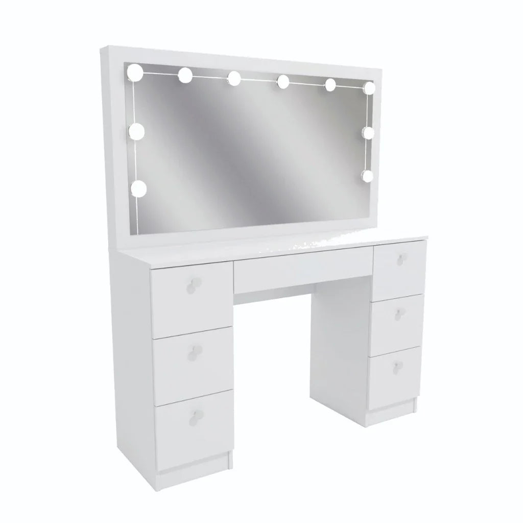 Penteadeira Camarim 7 Gavetas com Espelho e Kit LED Profissional - 100% MDF Branco [Iluminação 3 Tons]