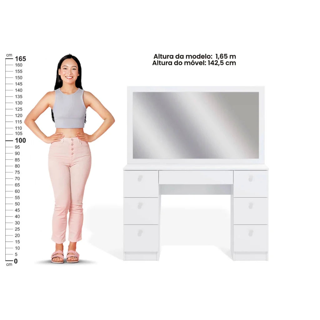 Penteadeira Camarim 7 Gavetas com Espelho e Kit LED Profissional - 100% MDF Branco [Iluminação 3 Tons]